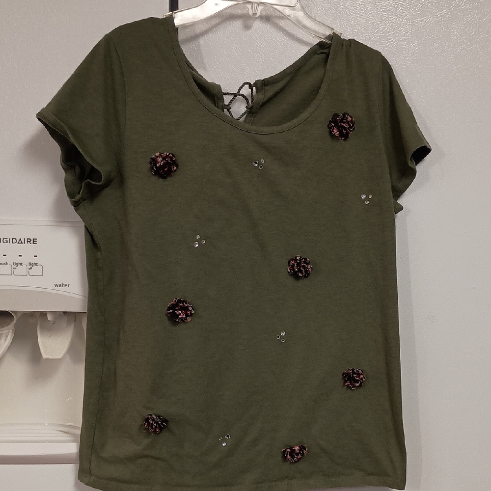 Justice Olive Green Embellished Top With lace up back. GUC Girl`s Plus Size 20